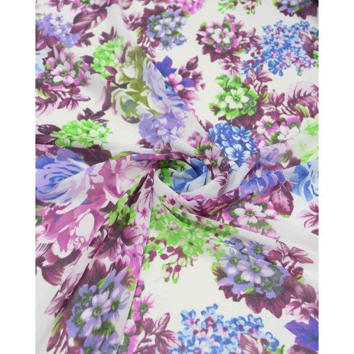 Tecido Crepe Chiffon Tapete Floral Tons de Roxo e Offwhite