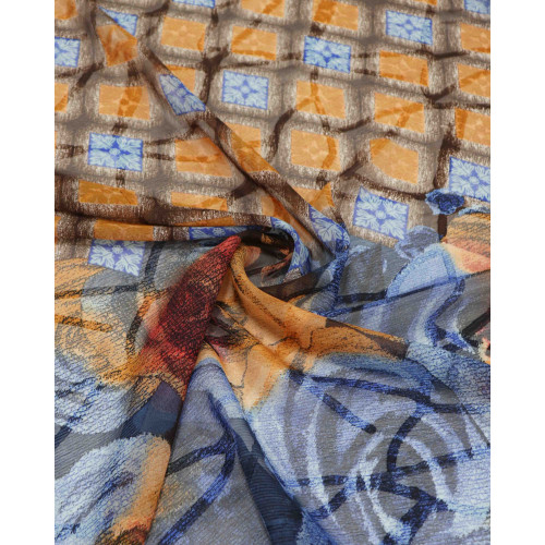 Tecido Crepe Chiffon Brocado Barrado Floral e Losangos Azul e Laranja