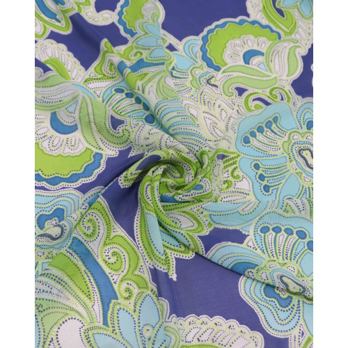 Tecido Crepe Chiffon Floral e Pontilhados Azul e Verde