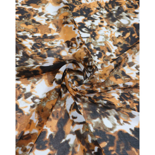 Tecido Crepe Chiffon Pintura Abstrata Laranja e Preto