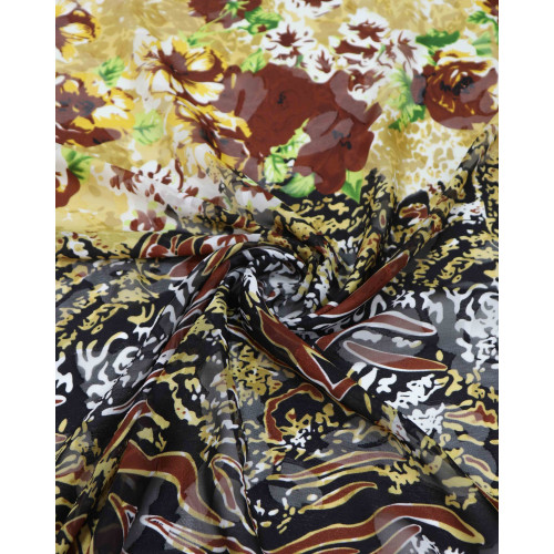 Tecido Crepe Chiffon Brocado Barrado e Floral Terracota e Amarelo