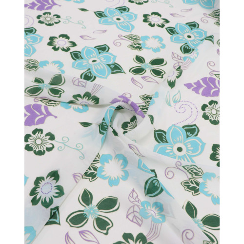 Tecido Crepe Chiffon Floral Ciano, Verde, Lilás e Offwhite