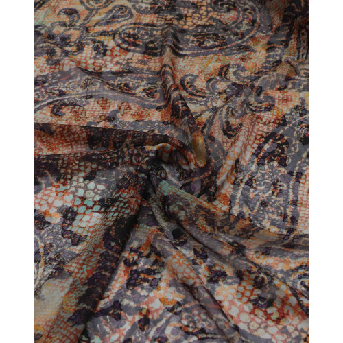 Tecido Crepe Chiffon Brocado Macro Cashmere Roxo e Ferrugem