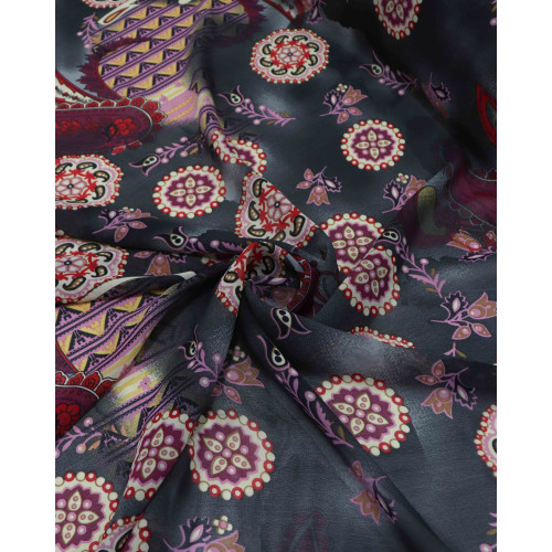 Tecido Crepe Chiffon Cashmere e Mandalas Marsala e Cinza