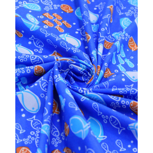 Tecido Tactel Fino Peixes em Rascunho branco, Laranja e Tons de Azul