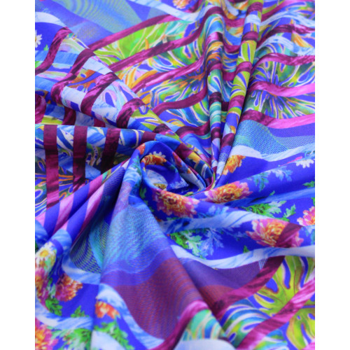 Tecido Tactel Fino Listras Ondulares Estampadas Rosa e Tons de Azul