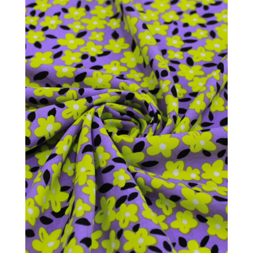 Tecido Viscose Tapete Floral Amarelo, Preto e Lilás