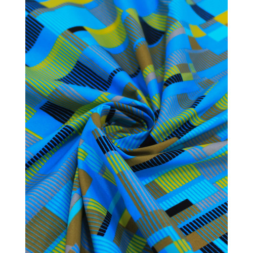 Tecido Tactel Fino Formas Geométricas Abstratas Amarelo e Tons de Azul