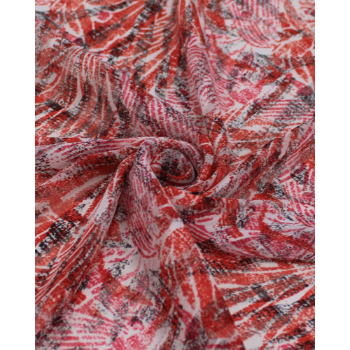 Tecido Crepe Chiffon Brocado Listras e Folhagens Abstratas Preto, Vermelho e Branco