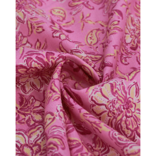 Tecido Linho Misto Italiano Ramos Florais Amarelo e Tons de Rosa