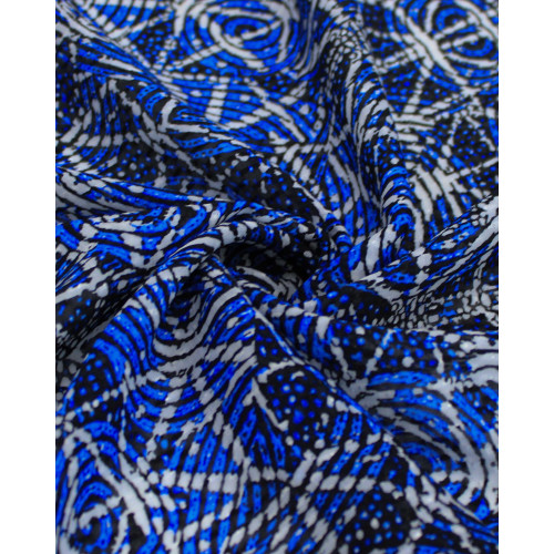 Tecido Crepe Chiffon Italiano Brocado Expirais e Linhas Abstratas Offwhite e Tons de Azul