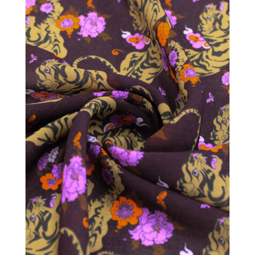 Tecido Crepe Chiffon Italiano Tigres e Flores Colorido