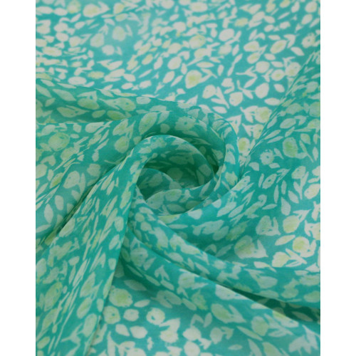 Tecido Crepe Chiffon Italiano Micro Flores e Folhas Offwhite e Verde Água