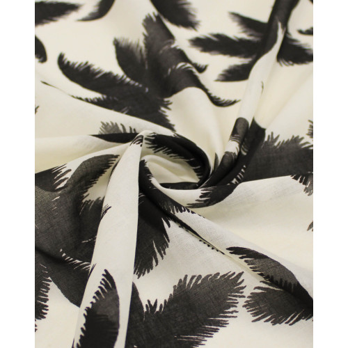 Tecido Cambraia Mista Macro Folhagens Tropicais Preto e Creme