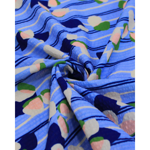 Tecido Cambraia de Algodão Italiano Texturizado Listras e Folhas Abstratas Tons de Azul