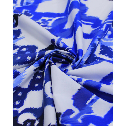 Tecido Tricoline Italiano Estampa Étnica Tons de Azul e Branco