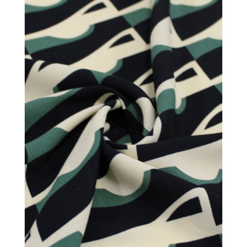 Tecido Crepe de Viscose Italiano Listrado Abstrato Preto, Verde e Creme