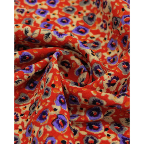 Tecido Crepe de Viscose Italiano Micro Tapete Floral Roxo, Creme e Vermelho