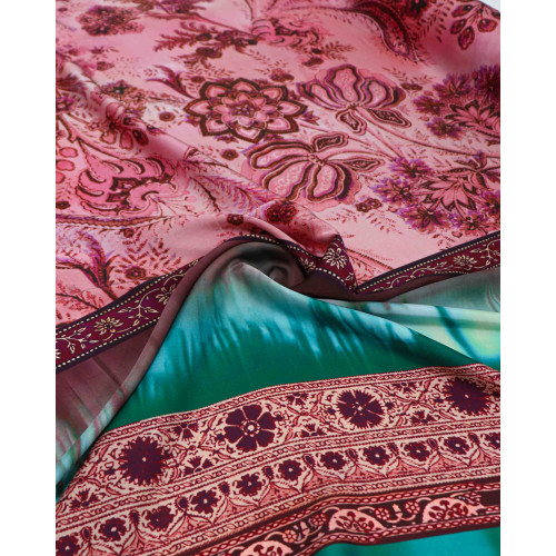 Tecido Crepe Silk Italiano Barrado Tie Dye e Floral Rosa