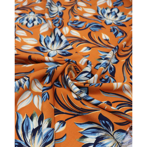 Tecido Viscose Macro Flor de Lótus Azul Marinho e Laranja (1.6m)