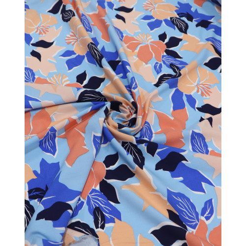 Tecido Viscose Folhas de Outono Salmão e Azul (0.7m)