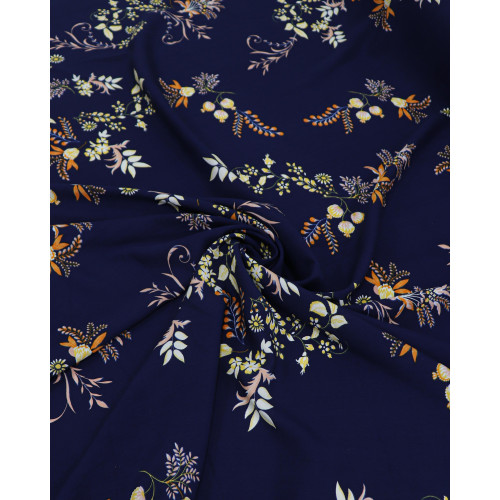 Tecido Viscose Macro Ramos Amarelo e Azul Marinho