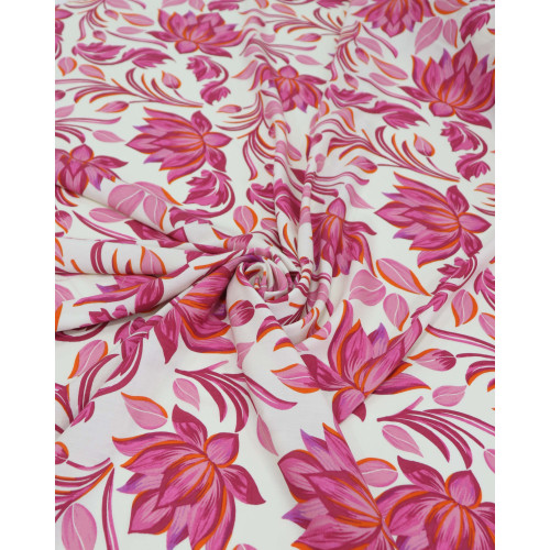 Tecido Viscose Macro Flor de Lótus Rosa e Offwhite
