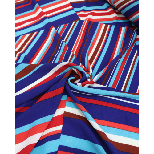 Tecido Crepe Bubble Listrado em Recortes Vermelho e Azul