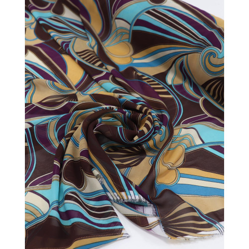 Tecido Crepe Chiffon Desenho Abstrato Bege Marrom e Roxo
