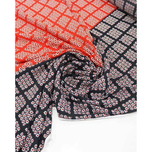 Tecido Crepe GGT Xadrez de Flores Vermelho e Preto