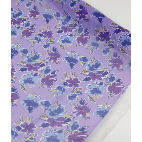 Tecido Crepe Chiffon Texturizado Flores Lavanda