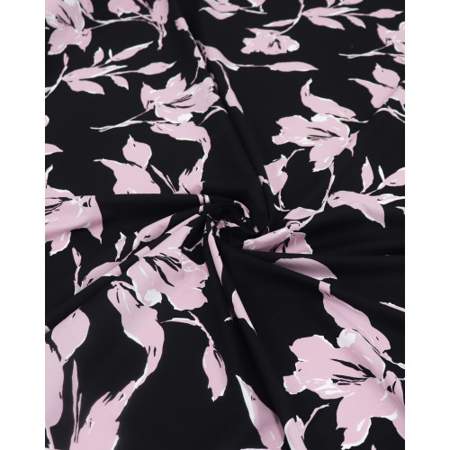 Tecido Tricoline Italiano Flores Rosa Claro e Preto