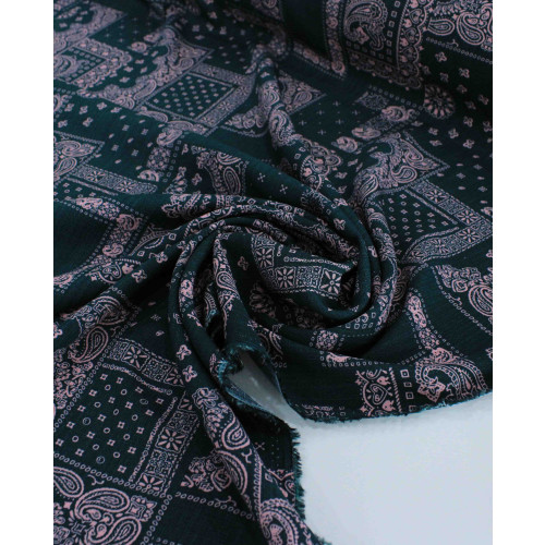 Tecido Viscose Texturizada Cashmere e Recortes Verde Esmeralda e Rosé