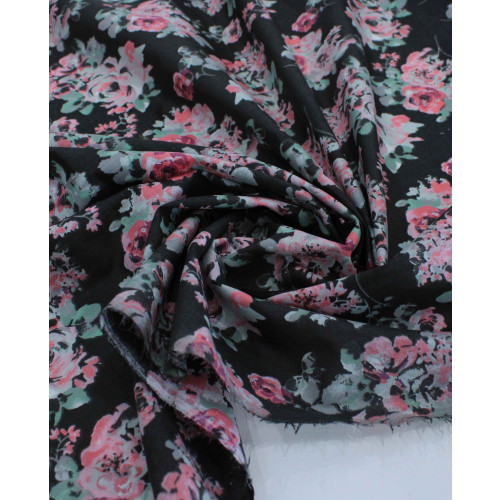 Tecido Cambraia de Algodão Floral Preto e Rosa
