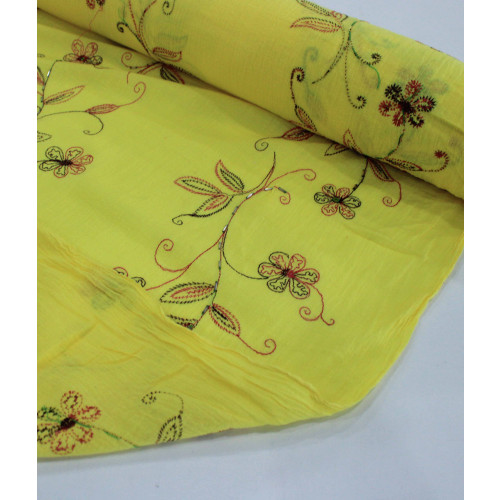 Tecido Crepe de Algodão Bordado Floral Amarelo