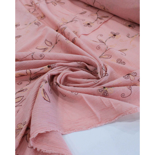 Tecido Crepe de Algodão Bordado Floral Rosé