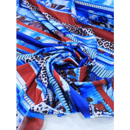 Tecido Crepe Silk Animal Print e Geométrico Azul e Marsala