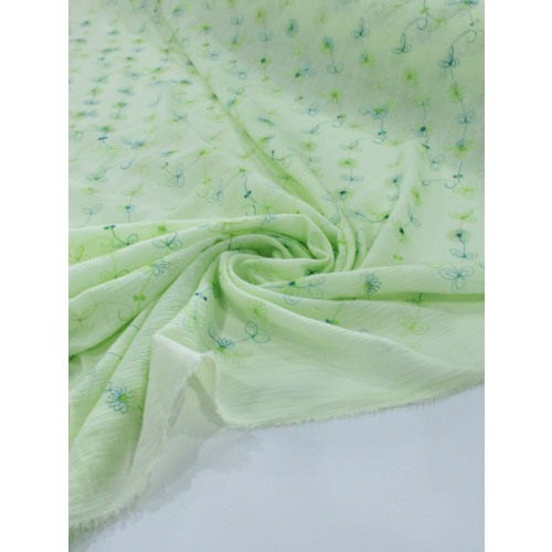 Tecido Crepe de Algodão Bordado Floral Verde Claro