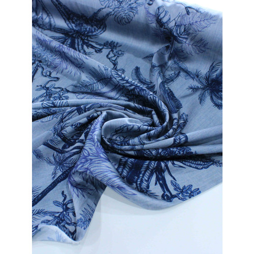 Tecido Crepe Silk Italiano Folhagens Cinza e Azul