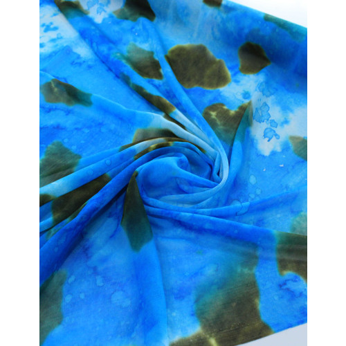 Tecido Crepe Chiffon Italiano Fundo do Mar Azul e Tons Terrosos