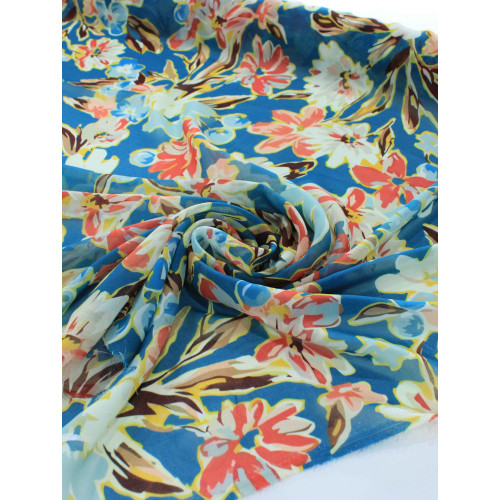 Tecido Crepe Chiffon Italiano Flores Coloridas e Azul Petróleo