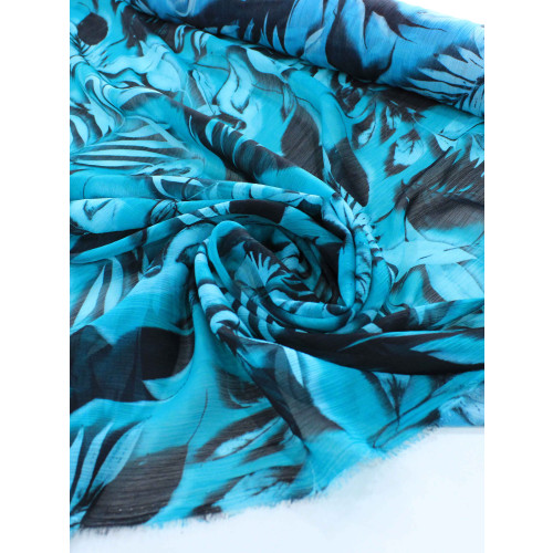 Tecido Crepe Chiffon Texturizado Italiano Folhagens Verde Tiffany e Preto
