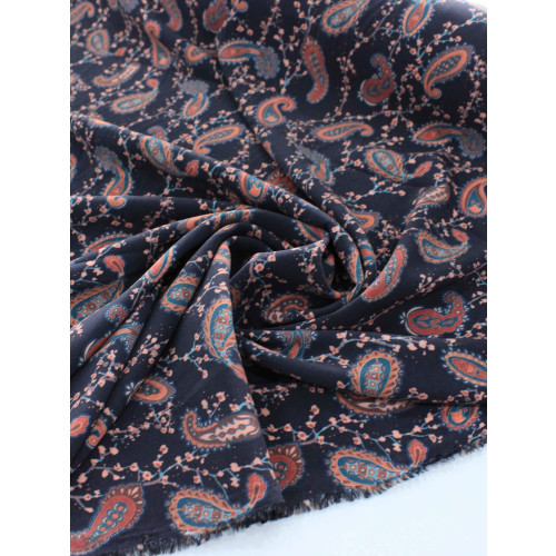 Tecido Viscose Creponada Italiano Micro Cashmere Preto e Coral
