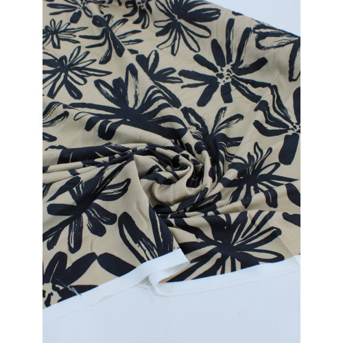 Tecido Viscose Acetinada Italiana Macro Flores Abstratas Preto e Bege