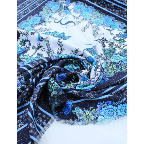 Tecido Crepe Silk Italiano Flores e Pavão Barrado Tons de Azul