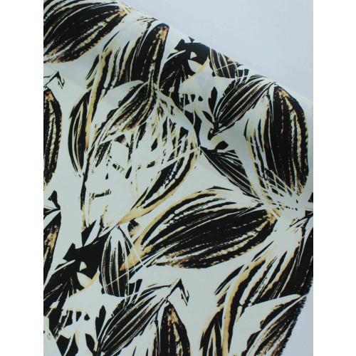 Tecido Viscose Italiano Macro Folhagens Offwhite Preto e Tons de Bege