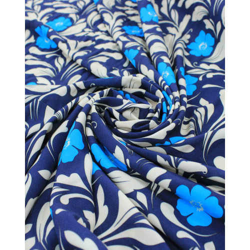 Tecido Viscose Italiano Floral Bege e Azul Marinho