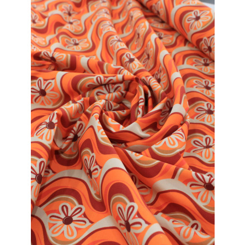 Tecido Crepe Salinas Italiano Flores Tons de Laranja