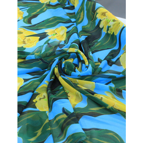 Tecido Crepe Chiffon Italiano Macro Flores Azul, Verde e Amarelo
