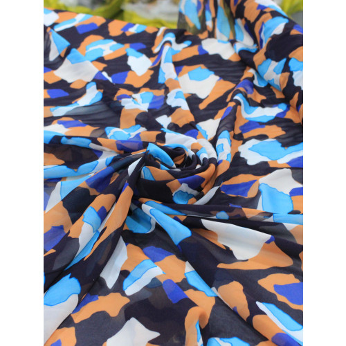 Tecido Crepe Chiffon Italiano Desenho Abstrato Tons de Azul e Argila